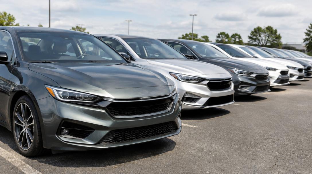 Row of new vehicles parked in a dealership lot
