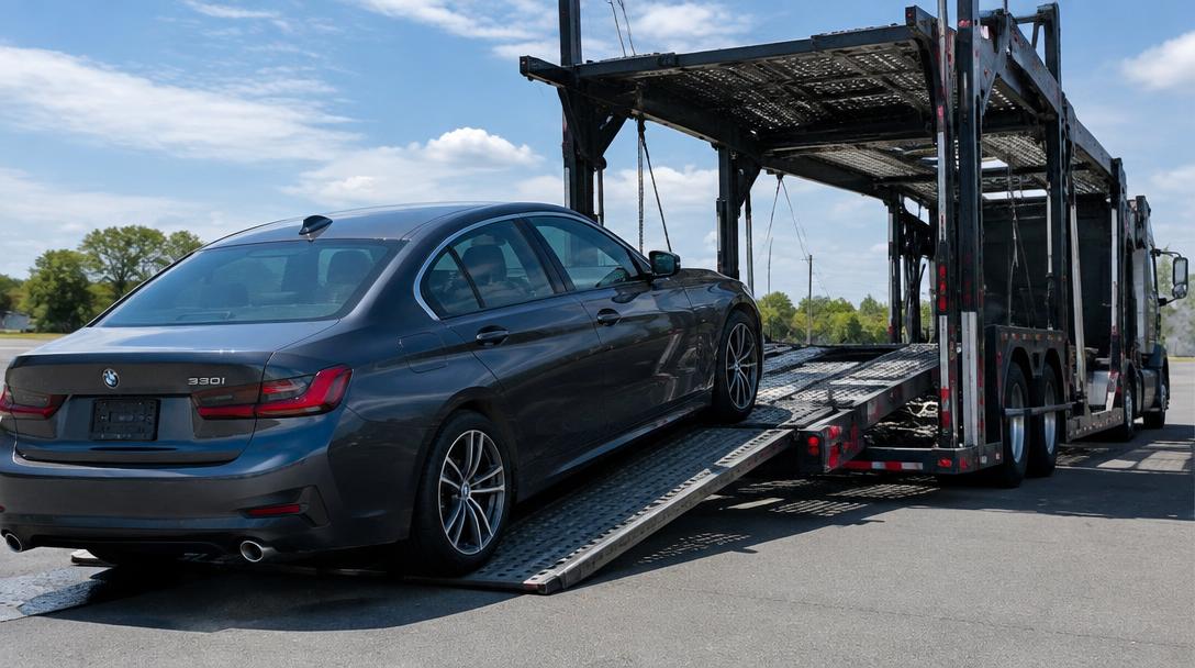 Car being driven up a ramp onto an auto transport trailer