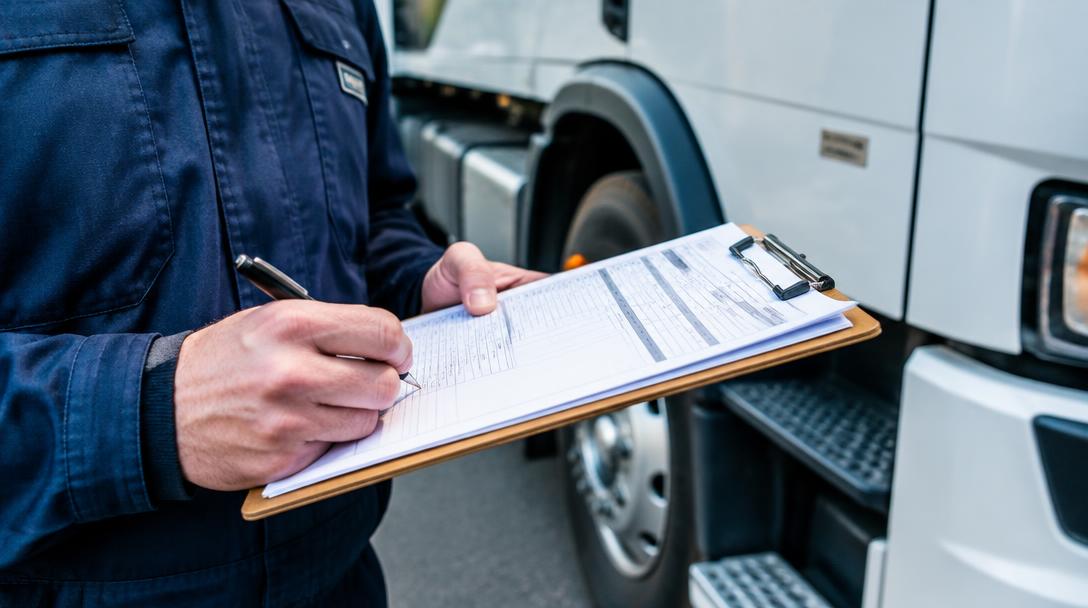 Shipping paperwork being signed on a clipboard beside a truck