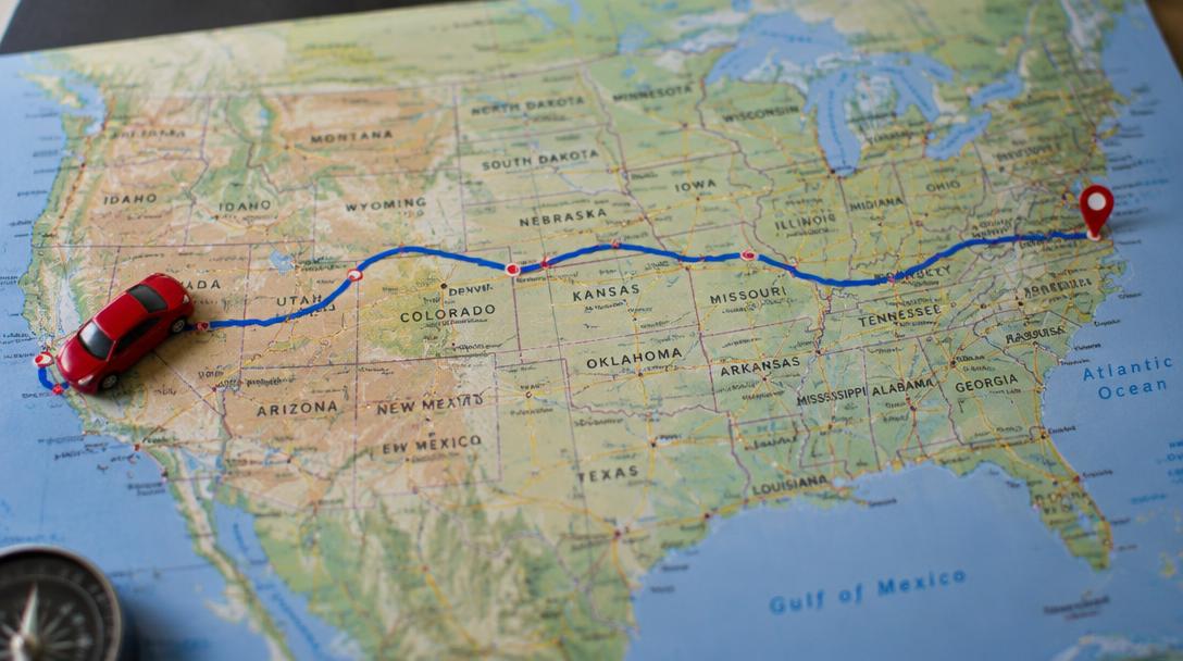Road map of the United States with a cross-country route marked