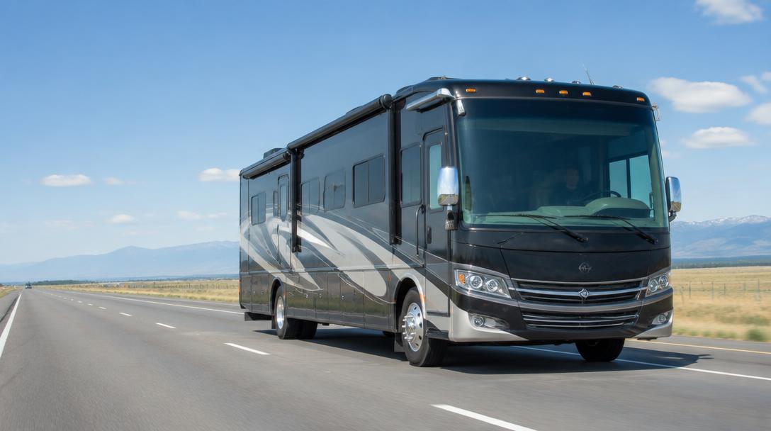 Large motorhome RV traveling on an open highway