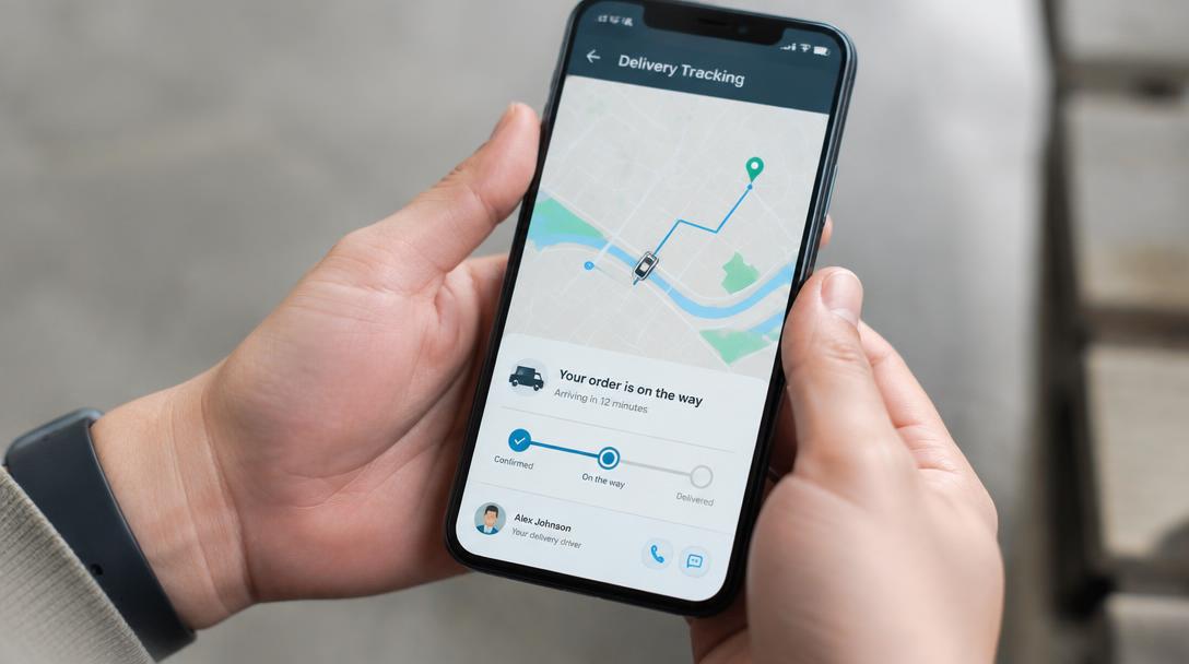 Phone showing a live delivery tracking map in a person's hands