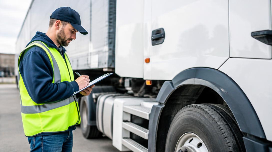 Driver inspecting a vehicle with a clipboard before loading